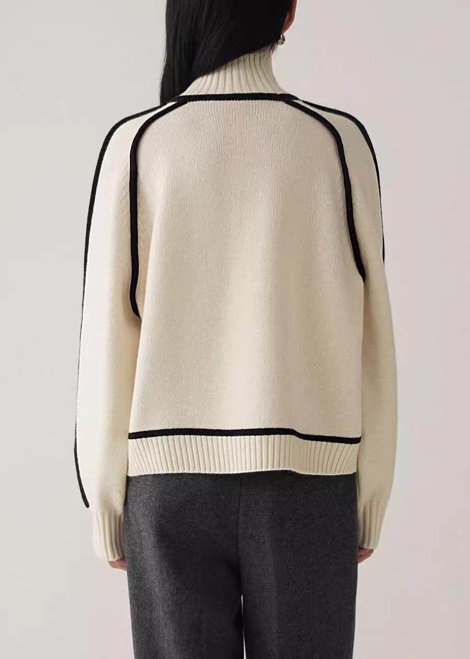 Beige Turtleneck Cozy Patchwork Knit Sweater Spring