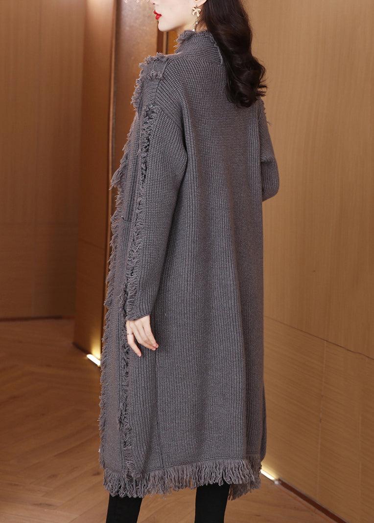 Grey Tasseled Pockets Knit Cardigan Winter