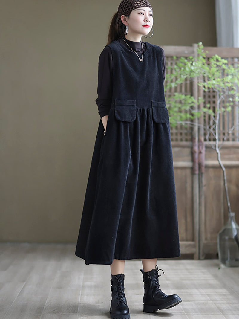 - Corduroy Pocket Sleeveless Pinafore Dress