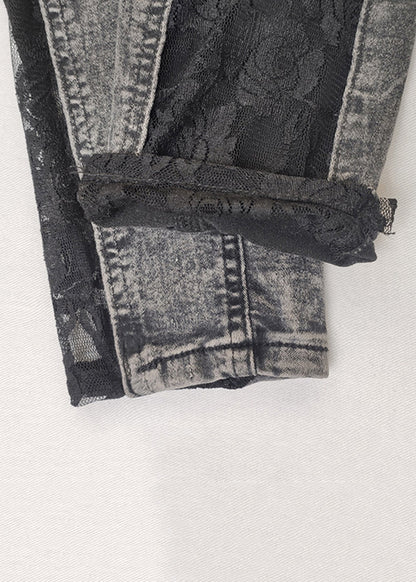 Grey Lace Patchwork Denim Crop Pants Summer