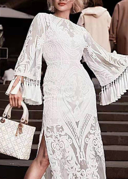 European and American Style White Tassel Embroidered Long Dress