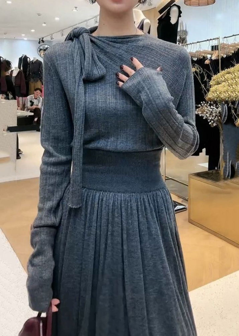 Stylish Grey Neck Knit Top and Maxi Skirts Two Pieces Set Winter