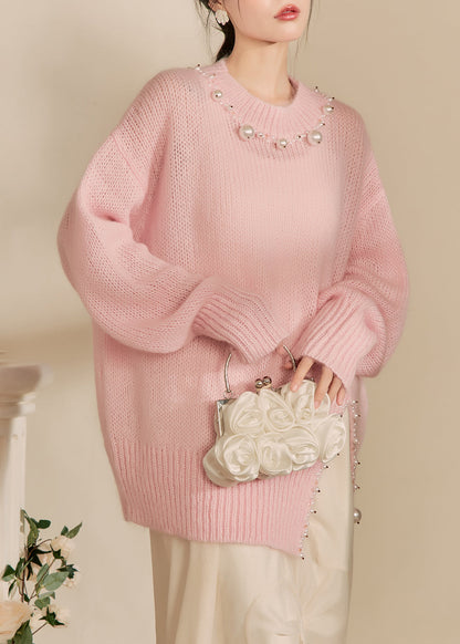 Pink O-neck Nail Bead Thick Cotton Knit Sweaters Winter