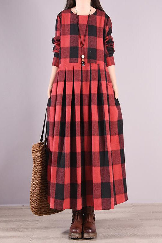 -fall Plaid Fold Patchwork Cotton Dress