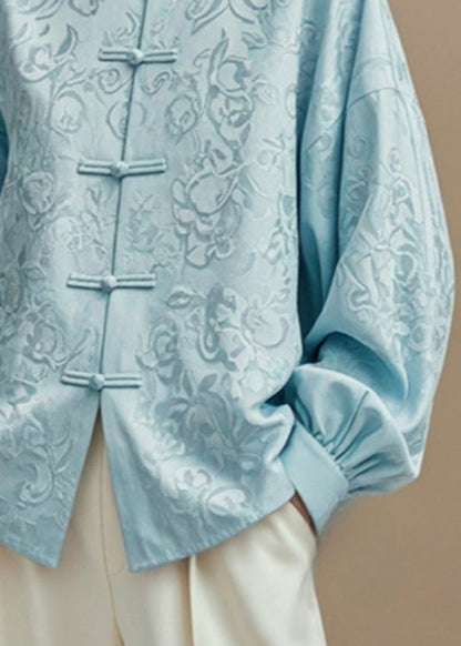 Blue Stand Collar Button Silk Cotton Coats Fall