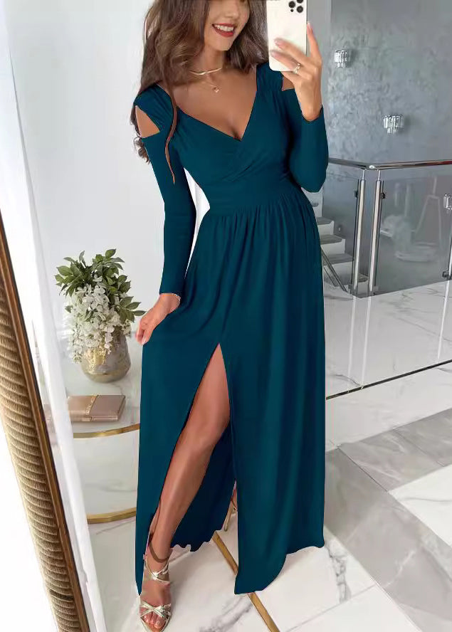 New Red V Neck Cold Shoulder Side Open Dress Fall