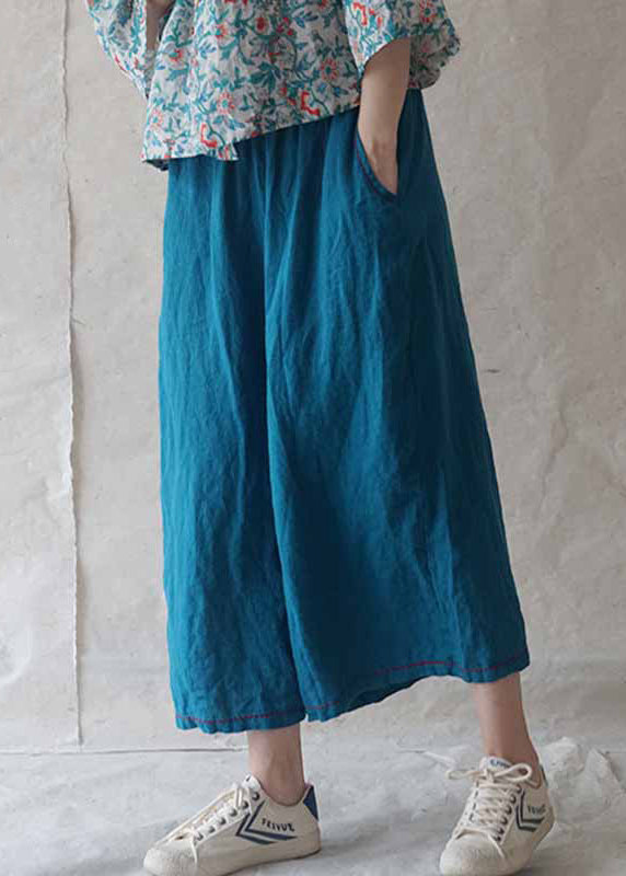 Blue Pockets Linen Wide Leg Pants Summer