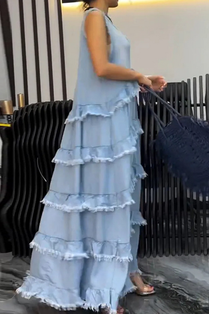 Color Distressed Ruffle V Neck Sleeveless Loose Denim Dresses(4 Colors)