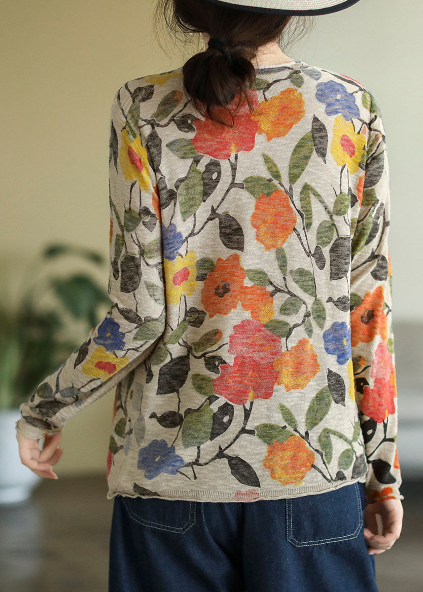Beige O-neck Print Knit Tops Fall