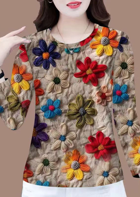Khaki O Neck Patchwork Cotton T Shirt Fall
