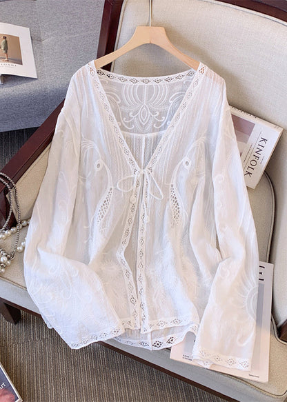Apricot V Neck Hollow Out Embroidered Lace Cardigans Spring
