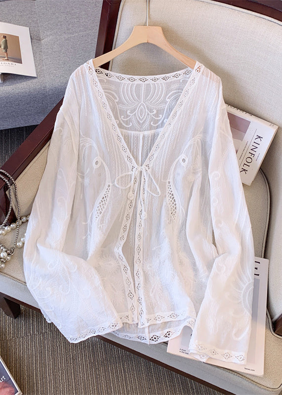 Apricot V Neck Hollow Out Embroidered Lace Cardigans Spring