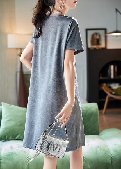 Grey O Neck Zircon Jacquard Side Open Silk Dresses Summer