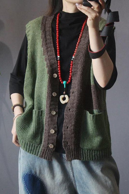 Retro Knitted Color Contrast Sleeveless Sweater Coat