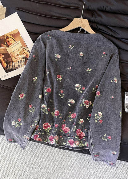 Grey O-neck Rose Print Cotton T Shirts Fall