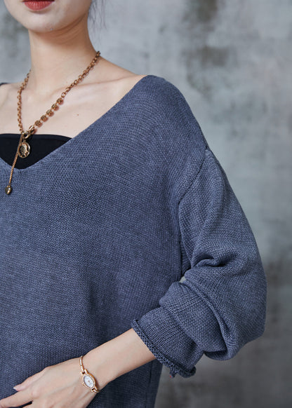 Grey V Neck Asymmetrical Design Knit Sweaters Fall