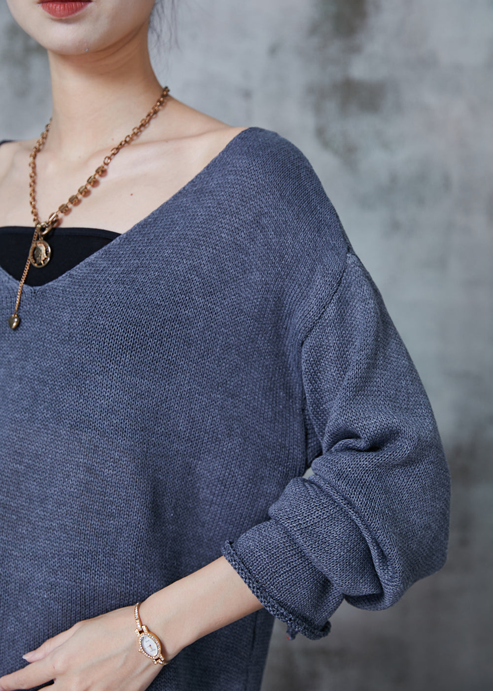Grey V Neck Asymmetrical Design Knit Sweaters Fall