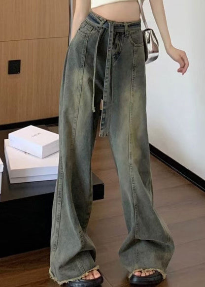 Blue Lace Up Pockets Denim Pants Spring