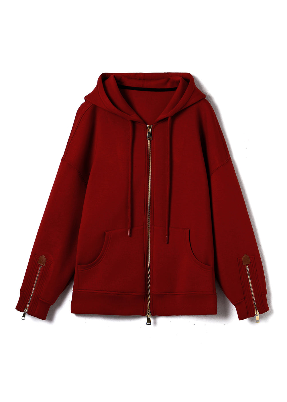 Red Hooded Pockets Zippered Cotton Coats Fall
