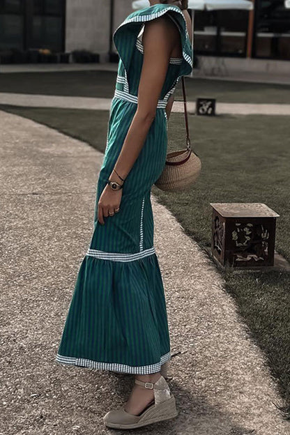 Plaid Patchwork Flounce Square Collar a Line Dresses