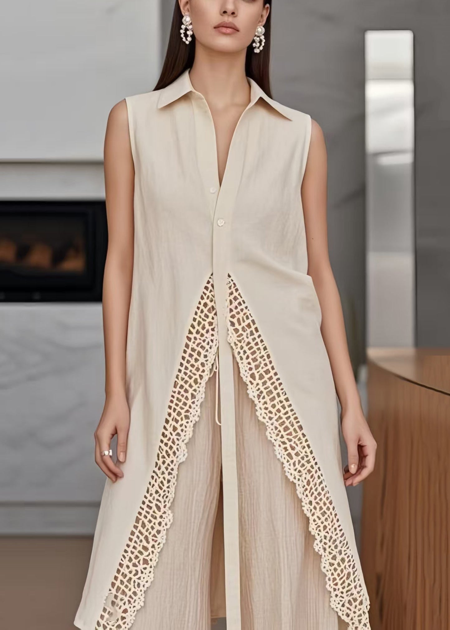 Apricot Side Open Patchwork Lace Long Vests Sleeveless