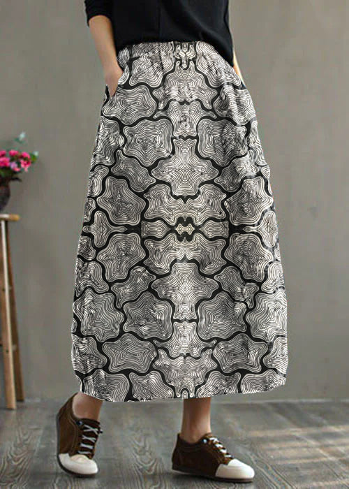 Geometry Elastic Waist Patchwork Print Fine Cotton Filled Skirt Winter