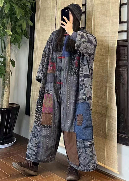 Blue Oriental Button Patchwork Fine Cotton Filled Jumpsuits Winter