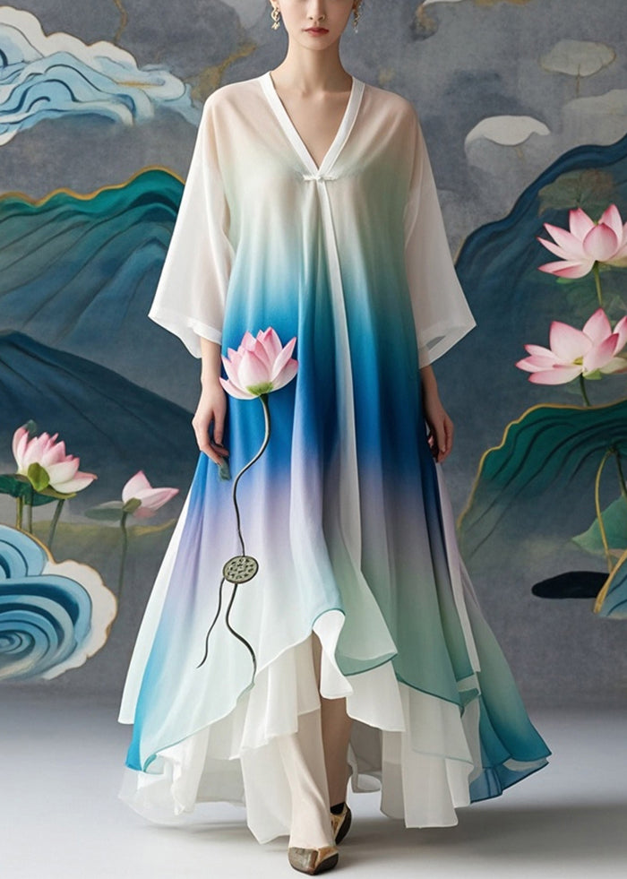 Boutique Gradient Color Lotus Print Chiffon Long Dress Fall