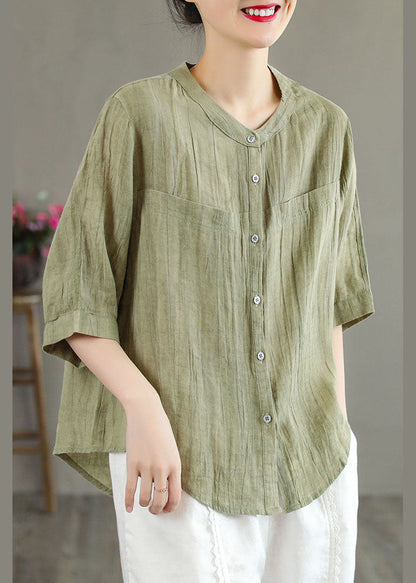 Classy Khaki O-neck Button Color Wrinkled Linen Shirt Top Half Sleeve