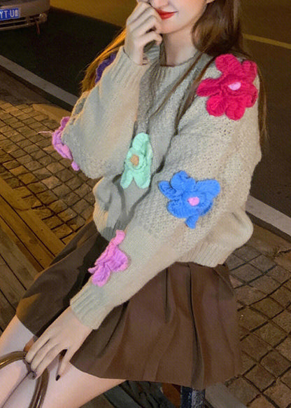 Stylish Khaki O Neck Knit Sweaters Fall