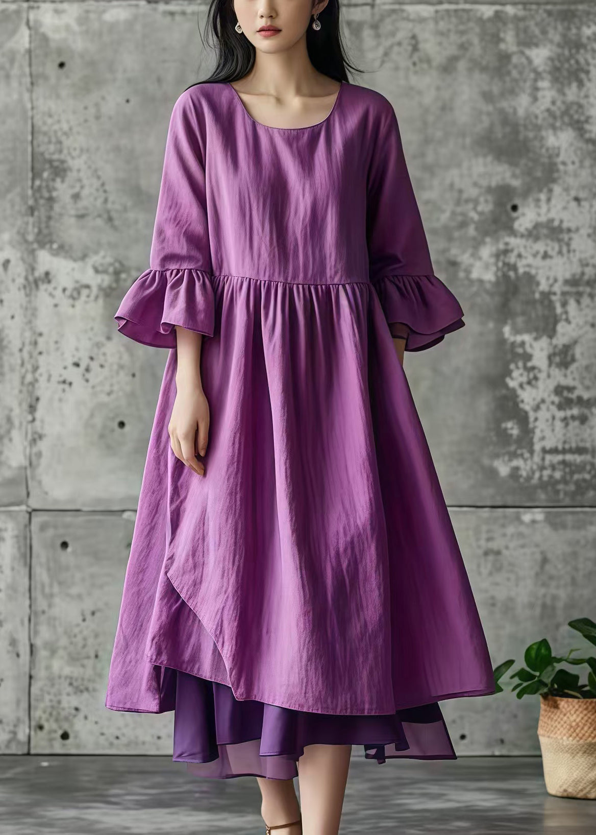 Diy Purple Asymmetrical Patchwork Cotton Long Dress Summer