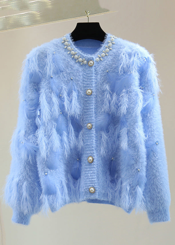 Handmade Blue Nail Bead Patchwork Tassel Cotton Knit Sweaters Winter