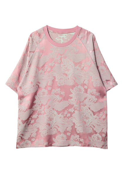 Jacquard Pink O-neck Chiffon T Shirt Short Sleeve