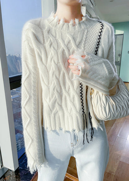 Boutique Beige Stand Collar Cotton Knit Sweater Tops Fall