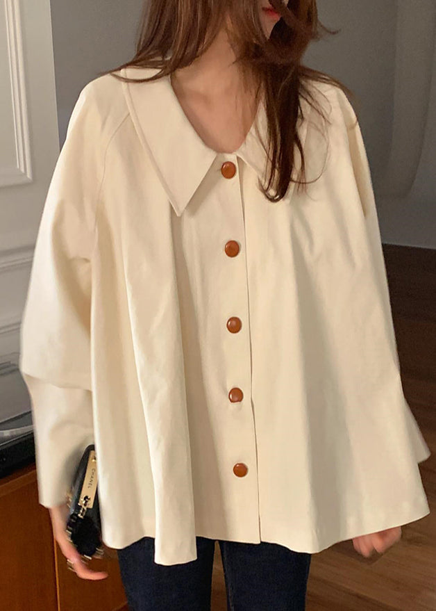 Beige Peter Pan Collar Cotton Loose Shirt Top Spring