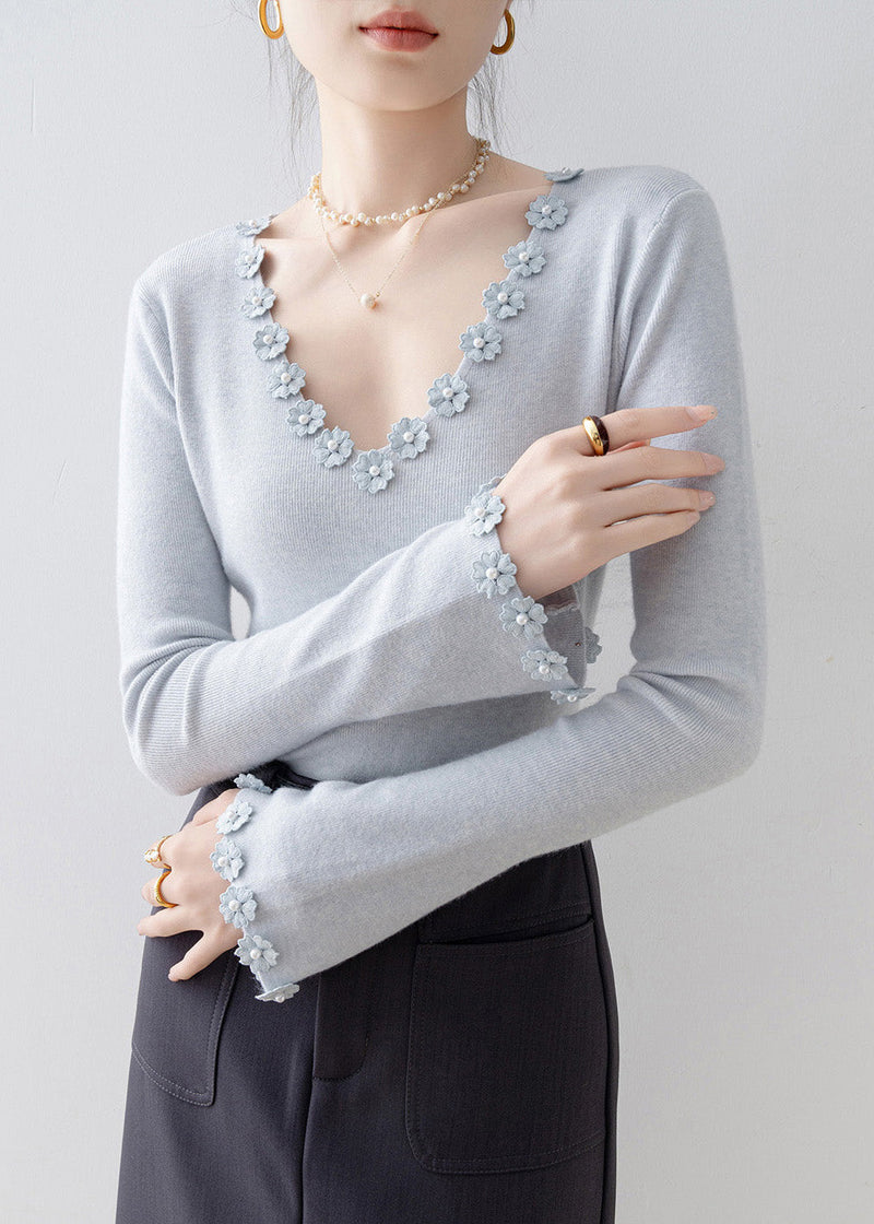 Italian Light Blue V Neck Knit Sweater Flare Sleeve