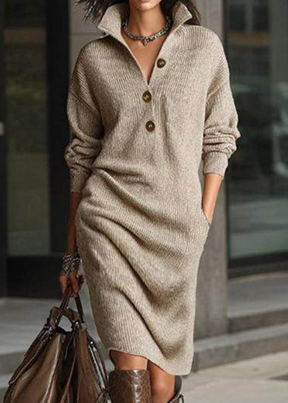 Yellow Peter Pan Collar Pockets Cotton Knit Sweater Dress Spring