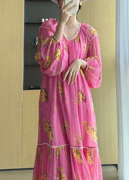 Pink V Neck Print Patchwork Chiffon Long Dresses Fall