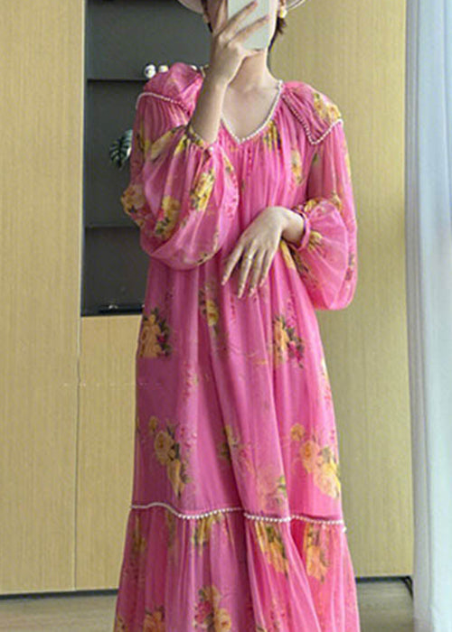 Pink V Neck Print Patchwork Chiffon Long Dresses Fall