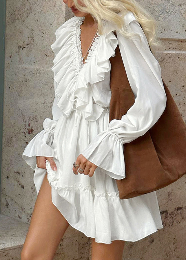 Unique White V Neck Ruffled Patchwork Chiffon Mid Dress Spring