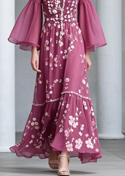 Rose Square Collar Print Chiffon Dress Flare Sleeve