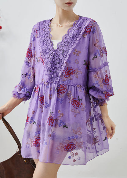 Purple Embroidered Patchwork Chiffon Vacation Dress Fall