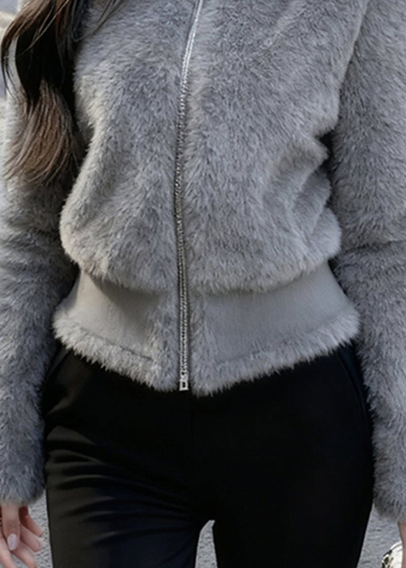 Grey Stand Collar Zippered Mink Hair Coats Winter