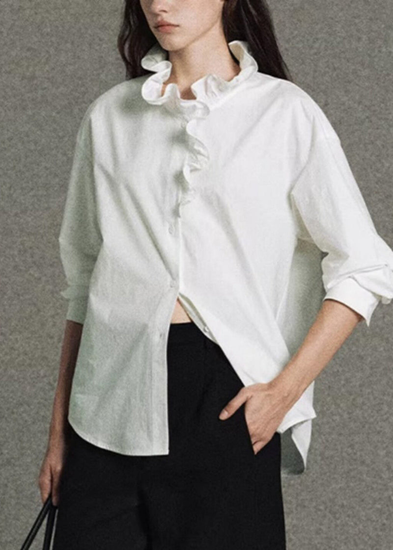White Ruffled Cotton Shirt Top Spring