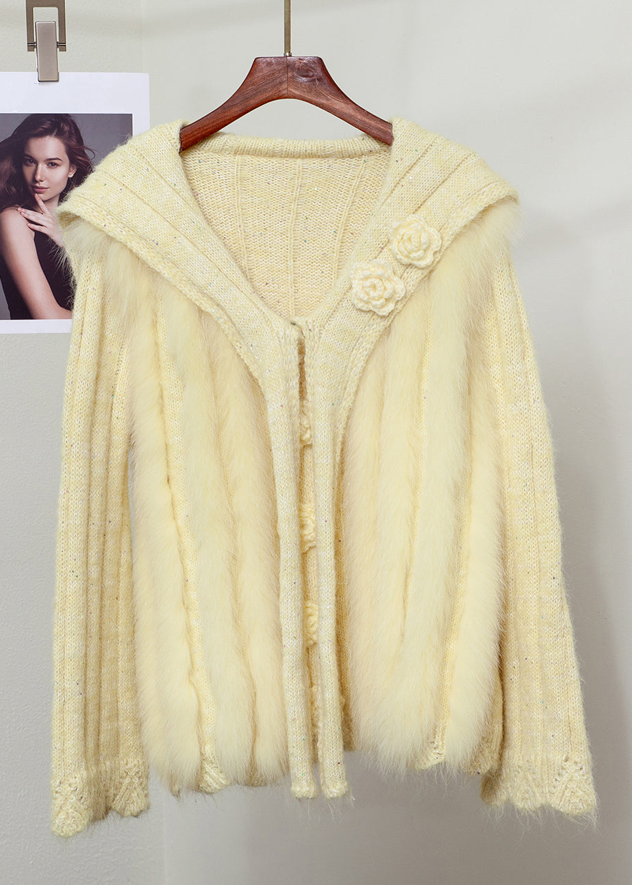 Pink Fox Fur Button Patchwork Knit Sweater