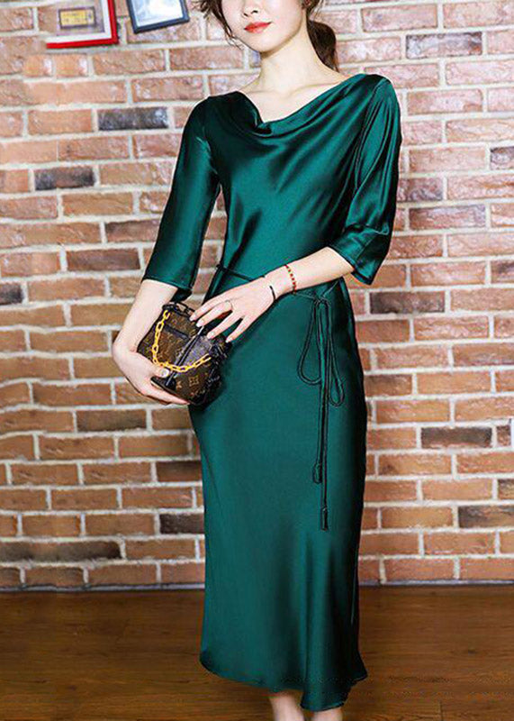 Blackish Green Slash Neck Tie Waist Silk Long Dresses Half Sleeve