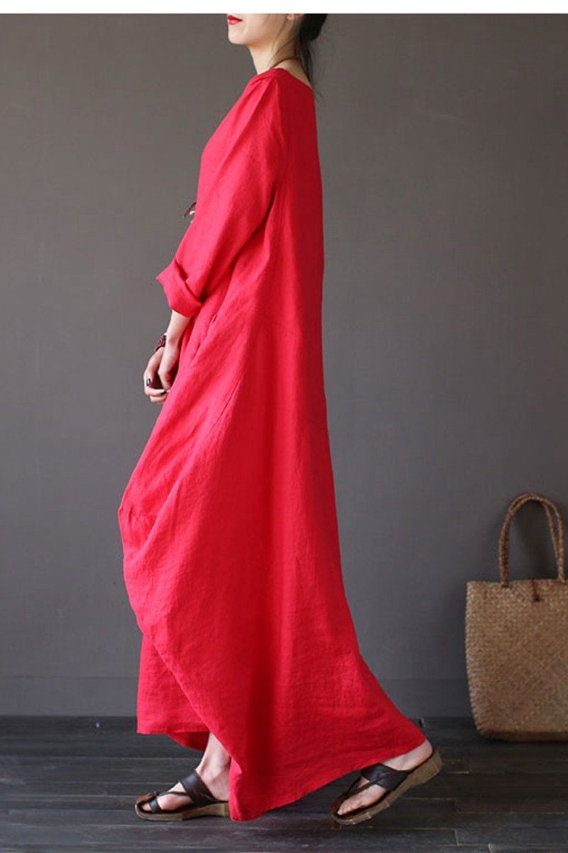 Red Bat Sleeve Causel Long Dress Oversize Outfits