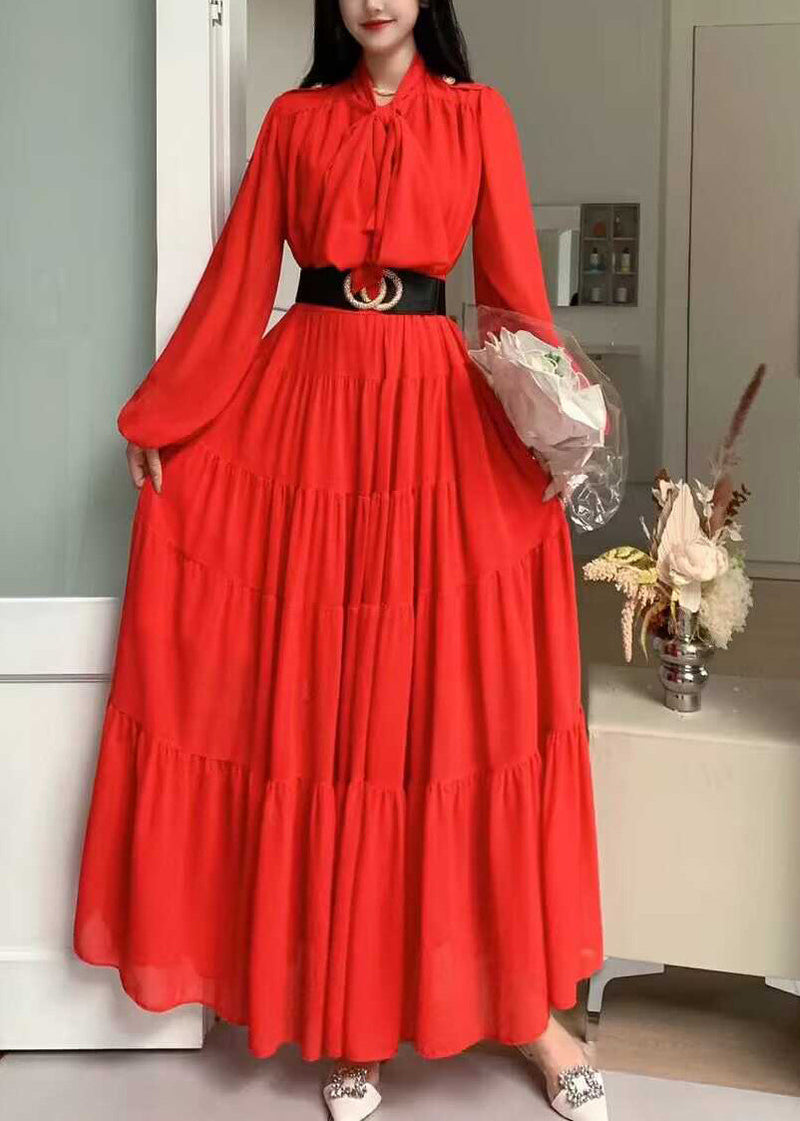 Purple Lace Up Wrinkled Patchwork Chiffon Dress Long Sleeve