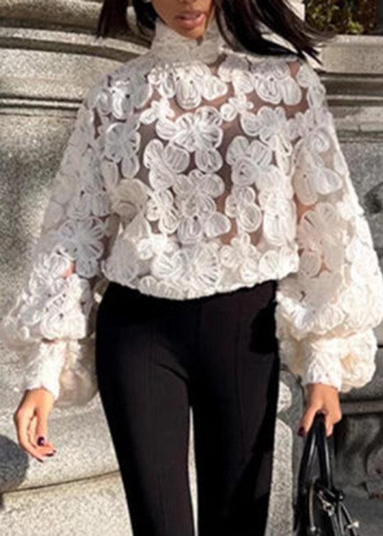 White Notched Lace Top Lantern Sleeve