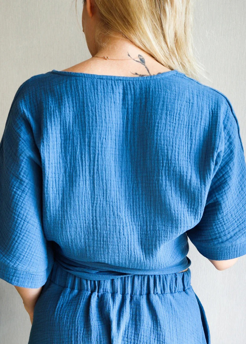 Style Blue V Neck Lace Up Cotton Shirt Top Summer